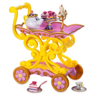Disney Beauty and the Beast 'Be Our Guest' singing tea cart play set with Lumiere, Mrs. Potts, Chip, and cake slices