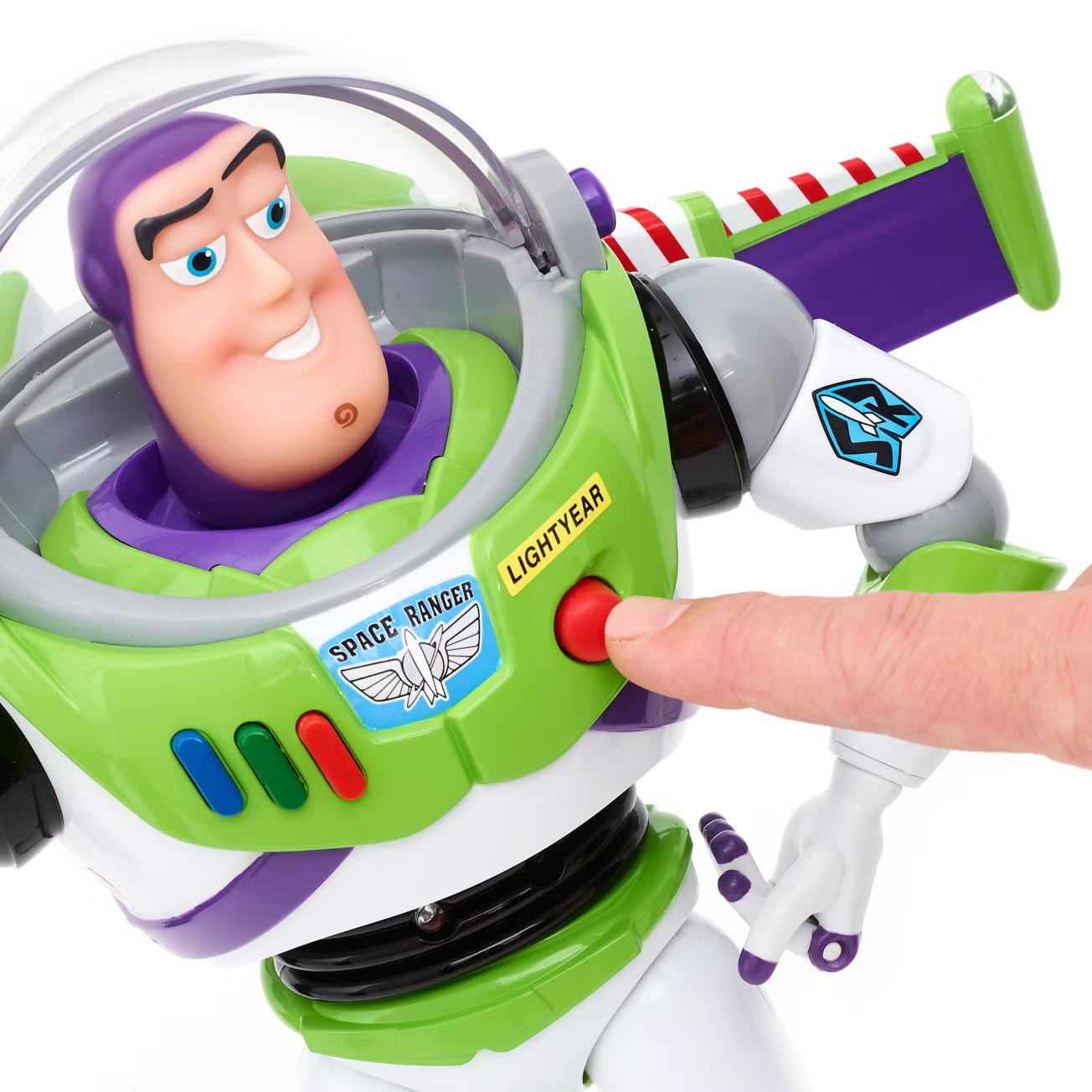 Close up of the Buzz Lightyear Space Ranger action figure's control panel buttons and helmet