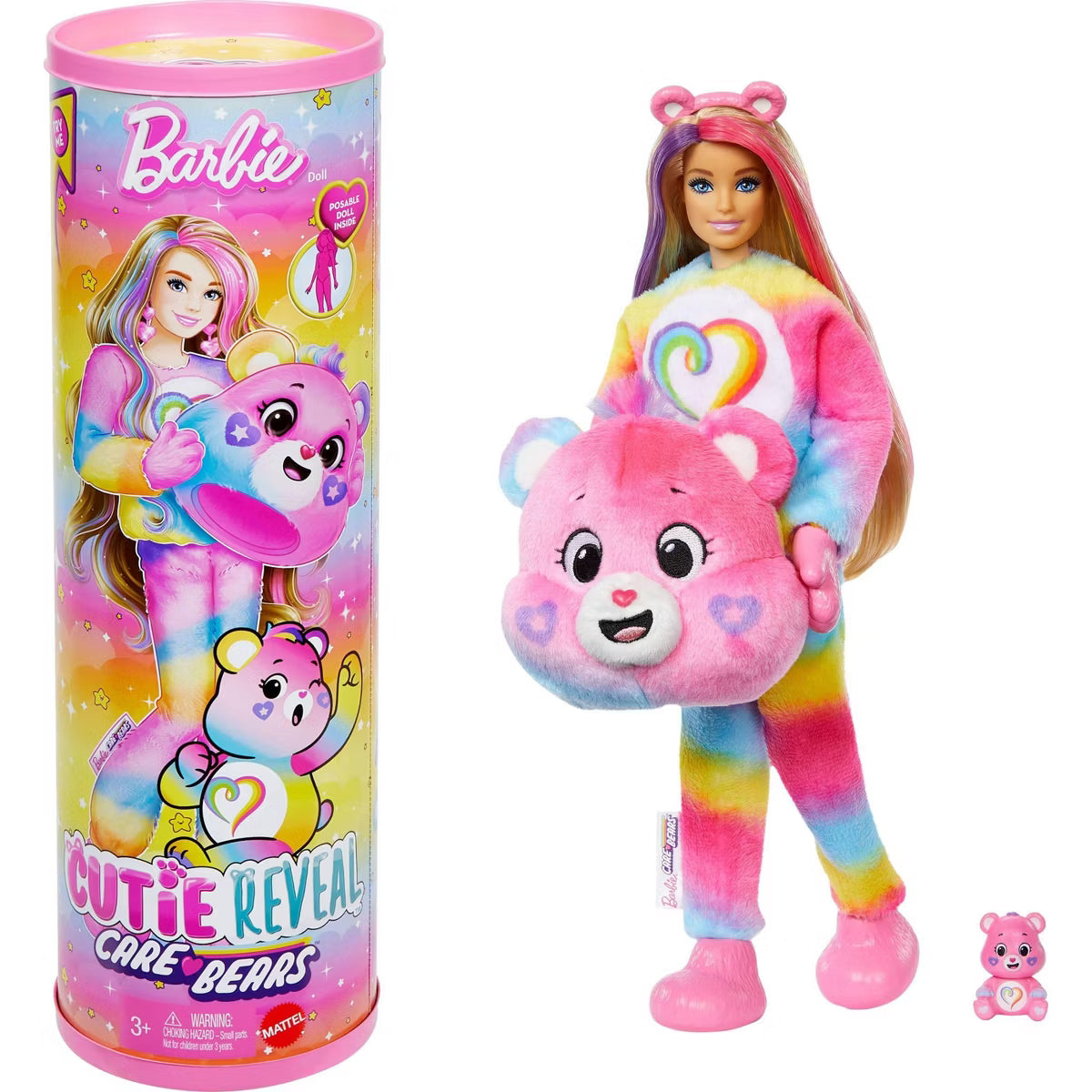 Barbie Cutie Reveal Togetherness Bear doll wearing rainbow plush costume with heart graphic, showing posable joints and mini bear pet