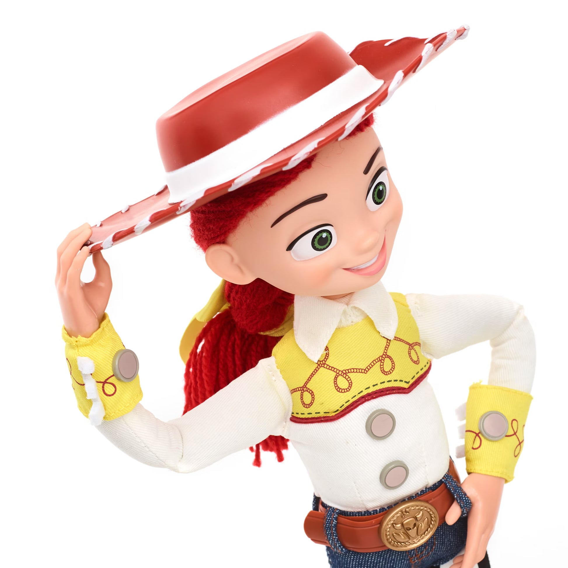 Toy figure of a character with a red hat and yellow vest on a white background
