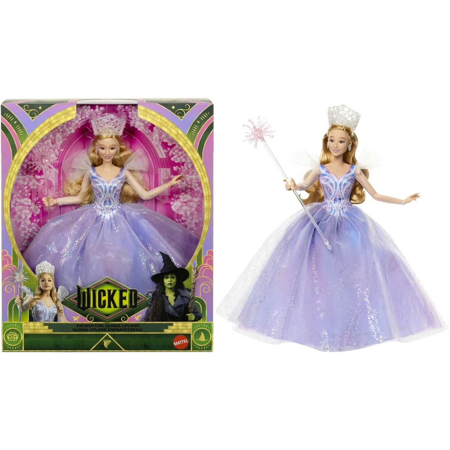Glinda dazzles in her true-to-movie gown—a layered sparkling organza masterpiece with flutter shoulders and shimmery sleeves fit for the Good Witch of Oz. Her long, softly curled blonde hair frames a radiant smile, while her wand, tiara, and heels