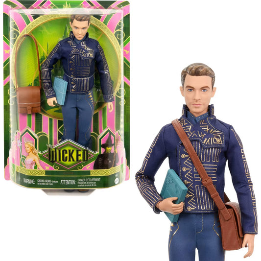 Official Mattel 12" Wicked movie Fiyero doll wearing detailed Shiz school uniform, satchel, and spell book, in display box and unboxed

